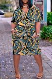 Casual Graphics Print V Neck Short Sleeve Pockets Plus Size T-Shirt Midi Dresses