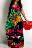 Casual Graphics Print Backless Spaghetti Strap Floor Length Vacation Baggy Sundress Slip Maxi Dress