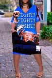 Casual Graphics Print V Neck Short Sleeve Pockets Plus Size T-Shirt Midi Dresses