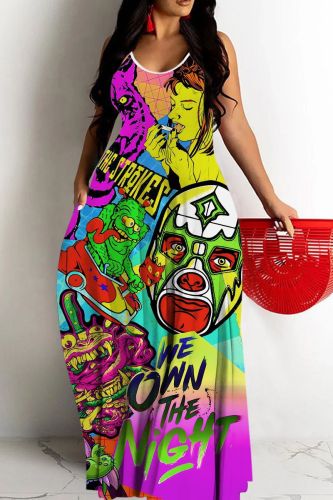 Casual Graphics Print Backless Spaghetti Strap Floor Length Vacation Baggy Sundress Slip Maxi Dress