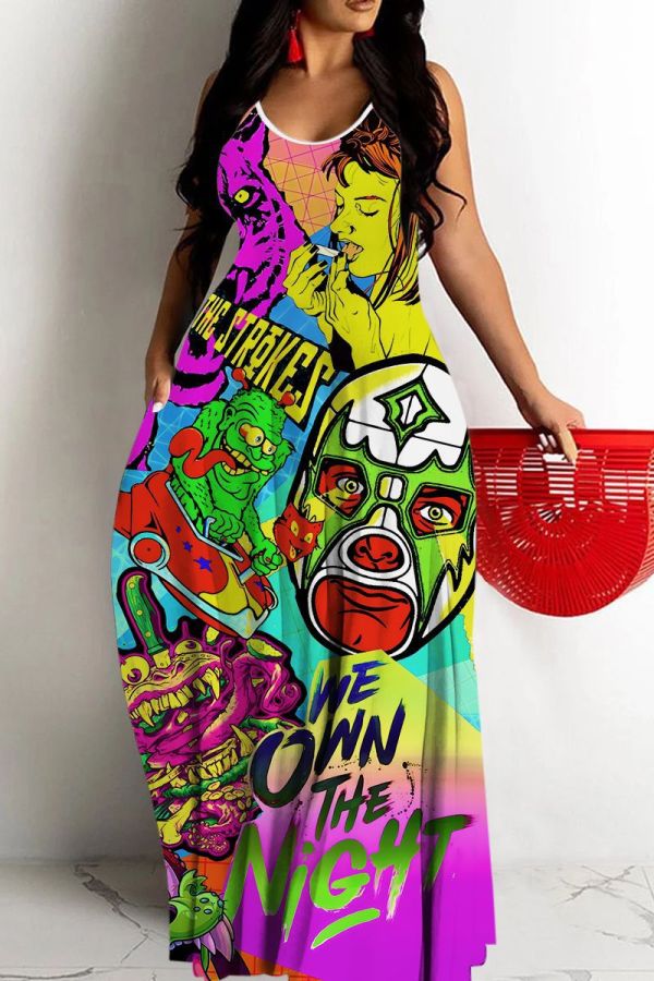 Casual Graphics Print Backless Spaghetti Strap Floor Length Vacation Baggy Sundress Slip Maxi Dress