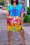 Casual Graphics Print V Neck Short Sleeve Pockets Plus Size T-Shirt Midi Dresses