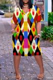 Casual Graphics Print V Neck Short Sleeve Pockets Plus Size T-Shirt Midi Dresses