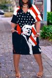 Casual Graphics Print V Neck Short Sleeve Pockets Plus Size T-Shirt Midi Dresses
