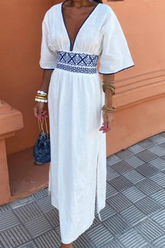 Geometric Print V Neck Half Sleeve Cinch Waist Slit Vacation A Line Linen Maxi Dresses