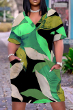Casual Graphics Print V Neck Short Sleeve Pockets Plus Size T-Shirt Midi Dresses
