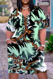 Casual Graphics Print V Neck Short Sleeve Pockets Plus Size T-Shirt Midi Dresses