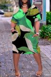 Casual Graphics Print V Neck Short Sleeve Pockets Plus Size T-Shirt Midi Dresses