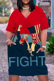 Casual Graphics Print V Neck Short Sleeve Pockets Plus Size T-Shirt Midi Dresses