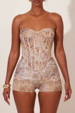 Sexy Leopard Print Backless Strapless Sleeveless Tube Crop Tops And Shorts Two Pieces Shorts Sets