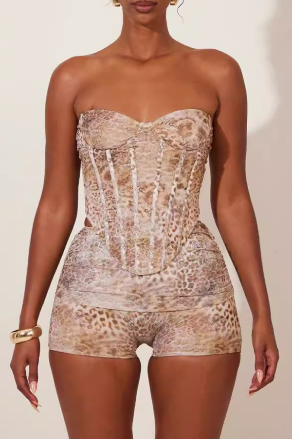 Sexy Leopard Print Backless Strapless Sleeveless Tube Crop Tops And Shorts Two Pieces Shorts Sets