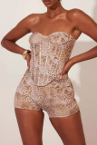 Sexy Leopard Print Backless Strapless Sleeveless Tube Crop Tops And Shorts Two Pieces Shorts Sets