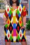 Casual Graphics Print V Neck Short Sleeve Pockets Plus Size T-Shirt Midi Dresses