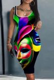 Sexy Face Print U Neck Sleeveless Vacation Bodycon Midi Tank Dresses