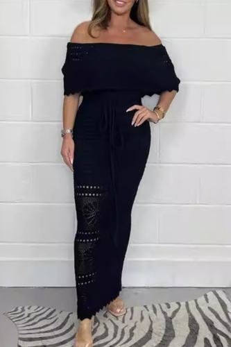 Knitted Flower Print Off Shoulder Flutter Sleeve Hollow Out Weave One Step Skirt Formal Party Evening Bodycon Maxi Dresses