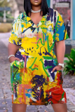Casual Graphics Print V Neck Short Sleeve Pockets Plus Size T-Shirt Midi Dresses