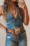 Sleeveless Distressed Buckle V Neck Buttons Down Vacation Denim Crop Vest