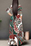 Casual Graphics Print V Neck Half Sleeve Floor Length Lace Up Belted Long Vacation A Line Maxi Dress