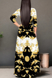 Casual Graphics Print V Neck Half Sleeve Floor Length Lace Up Belted Long Vacation A Line Maxi Dress