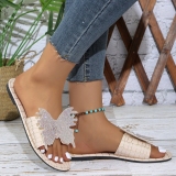 Casual Rhinestone Decor Butterfly Round Slide Sandals Open Toe Slippers