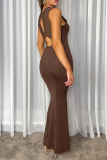 Sleeveless Backless O Neck Lace Up Cut Out Fishtail Mermaid Hem Formal Party Evening Bodycon Maxi Dress