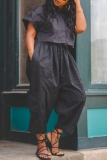 Casual Short Sleeve Crop Blouse And Harem Leg Pants Pocket Vacation Two Pieces Trouser Sets