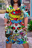 Halloween Costumes Skull Print  V Neck Short Sleeve Loose Pockets Midi T-Shirt Dress