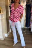 Casual Graphics Print Short Sleeve V Neck Vacation Belted Front Tie Blouse