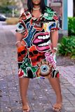 Casual Graphics Print Basic V Neck Short Sleeve Loose Pockets Midi T-Shirt Dress