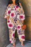 Casual Graphcis Print Off Shoulder Long Sleeve Pockets Harem Jumpsuits