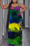 Tie Dye Print Backless Spaghetti Strap Floor Length Vacation Baggy Sundress Slip Maxi Dress