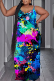 Tie Dye Print Backless Spaghetti Strap Floor Length Vacation Baggy Sundress Slip Maxi Dress