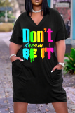 Casual Graphics Print Basic V Neck Short Sleeve Loose Pockets Midi T-Shirt Dress