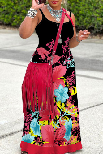 Casual Floral Print Backless Spaghetti Strap Floor Length Vacation Baggy Sundress Slip Maxi Dress