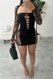 Backless Long Sleeve Hollow Out Party Evening Mesh Bodycon Mini Dresses