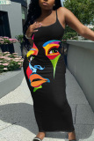 Casual Graphics Print Backless Spaghetti Strap Long Vacation Plus Size Bodycon Maxi Slip Dresses