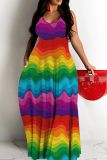 Rainbow Color Graphics Print Backless Spaghetti Strap Floor Length Vacation Baggy Sundress Slip Maxi Dress