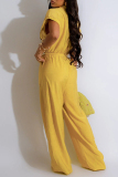 Casual Turndown Collar Short Sleeve With Belt Pocket Vacation Wide Leg Shirt Jumpsuits