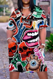 Casual Graphics Print Basic V Neck Short Sleeve Loose Pockets Midi T-Shirt Dress