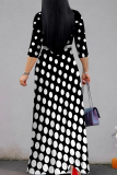 Casual Bohemian Polka Dot Print V Neck Half Sleeve Floor Length Belted Long Vacation A Line Maxi Dress
