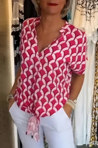 Casual Graphics Print Short Sleeve V Neck Vacation Belted Front Tie Blouse
