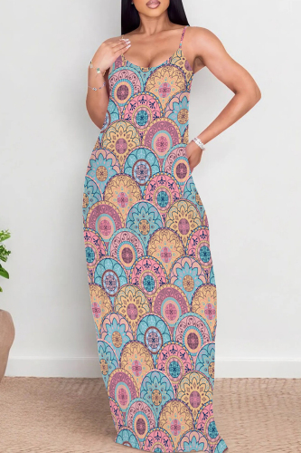 Boho Print Sleeveless Backless Spaghetti Strap Floor Length Vacation Baggy Sundress Slip Maxi Dress