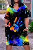 Casual Graphics Print Basic V Neck Short Sleeve Loose Pockets Midi T-Shirt Dress