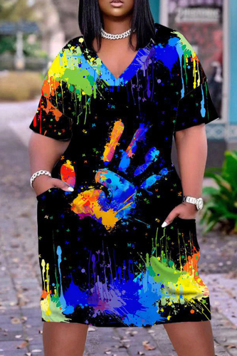 Casual Graphics Print Basic V Neck Short Sleeve Loose Pockets Midi T-Shirt Dress