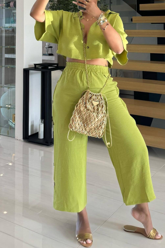 Casual Turndown Collar Half Sleeve Buckle Crop Blouse And Wide Leg Pants Vacation Two Pieces Trouser Sets