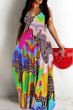 Rainbow Color Graphics Print Backless Spaghetti Strap Floor Length Vacation Baggy Sundress Slip Maxi Dress