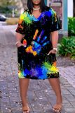 Casual Graphics Print Basic V Neck Short Sleeve Loose Pockets Midi T-Shirt Dress