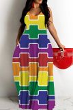 Rainbow Color Graphics Print Backless Spaghetti Strap Floor Length Vacation Baggy Sundress Slip Maxi Dress
