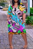 Halloween Costumes Skull Print  V Neck Short Sleeve Loose Pockets Midi T-Shirt Dress