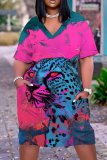 Casual Graphics Print Basic V Neck Short Sleeve Loose Pockets Midi T-Shirt Dress